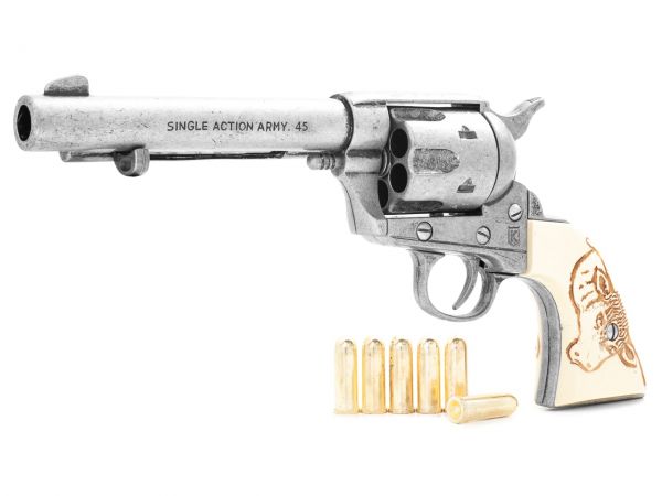 Colt Peacemaker Deko 5,5 Zoll Artillery Used Look mit Munition und Bull Grips