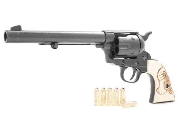 Colt Peacemaker Deko 7,5 Zoll Cavalry Schwarz mit Munition und Bullgrips